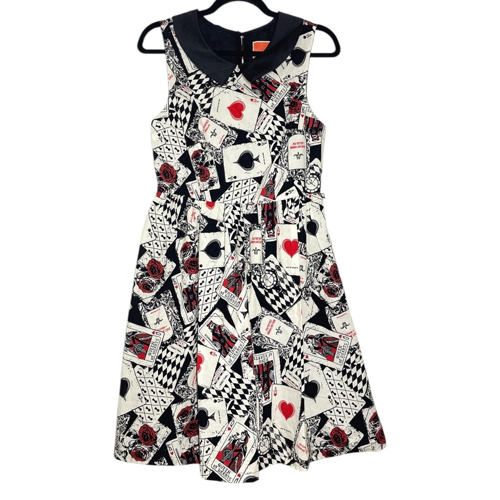 ModCloth Cream Black Collar Alice in Wonderland Cards Print Whimsy Dress Medium